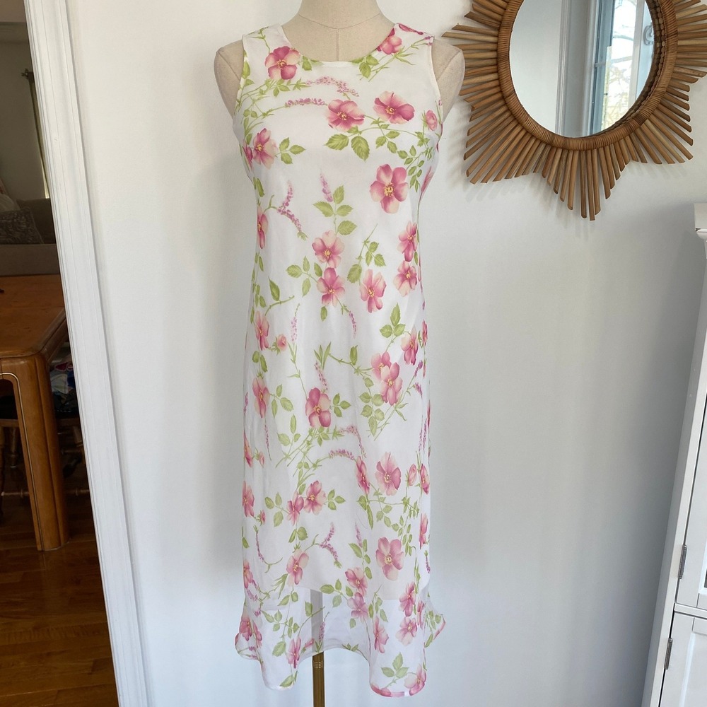 Vintage 90s My Michelle White Pink Floral Midi Dress Sheer Hem Coquette Y2K - Picture 2 of 12